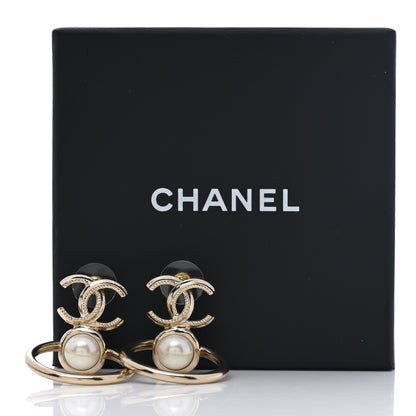 Chanel Metal Pearl CC Hoop Drop Earrings Gold 5 of 5