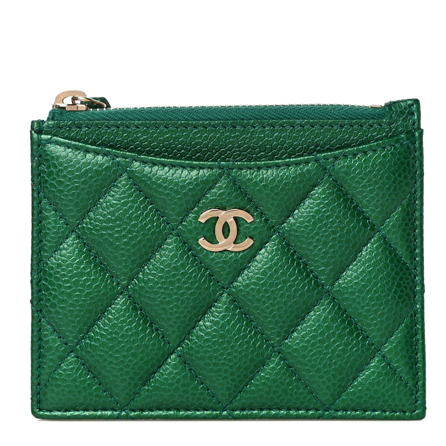 Metallic Caviar Quilted CC Zip Card Holder Green