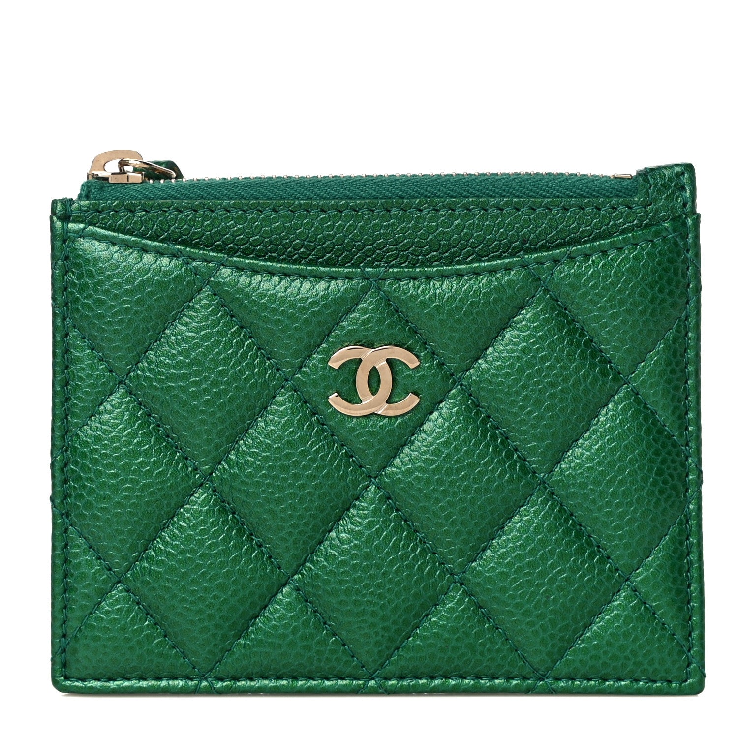 Chanel Metallic Caviar Quilted CC Zip Card Holder Green 1 of 11