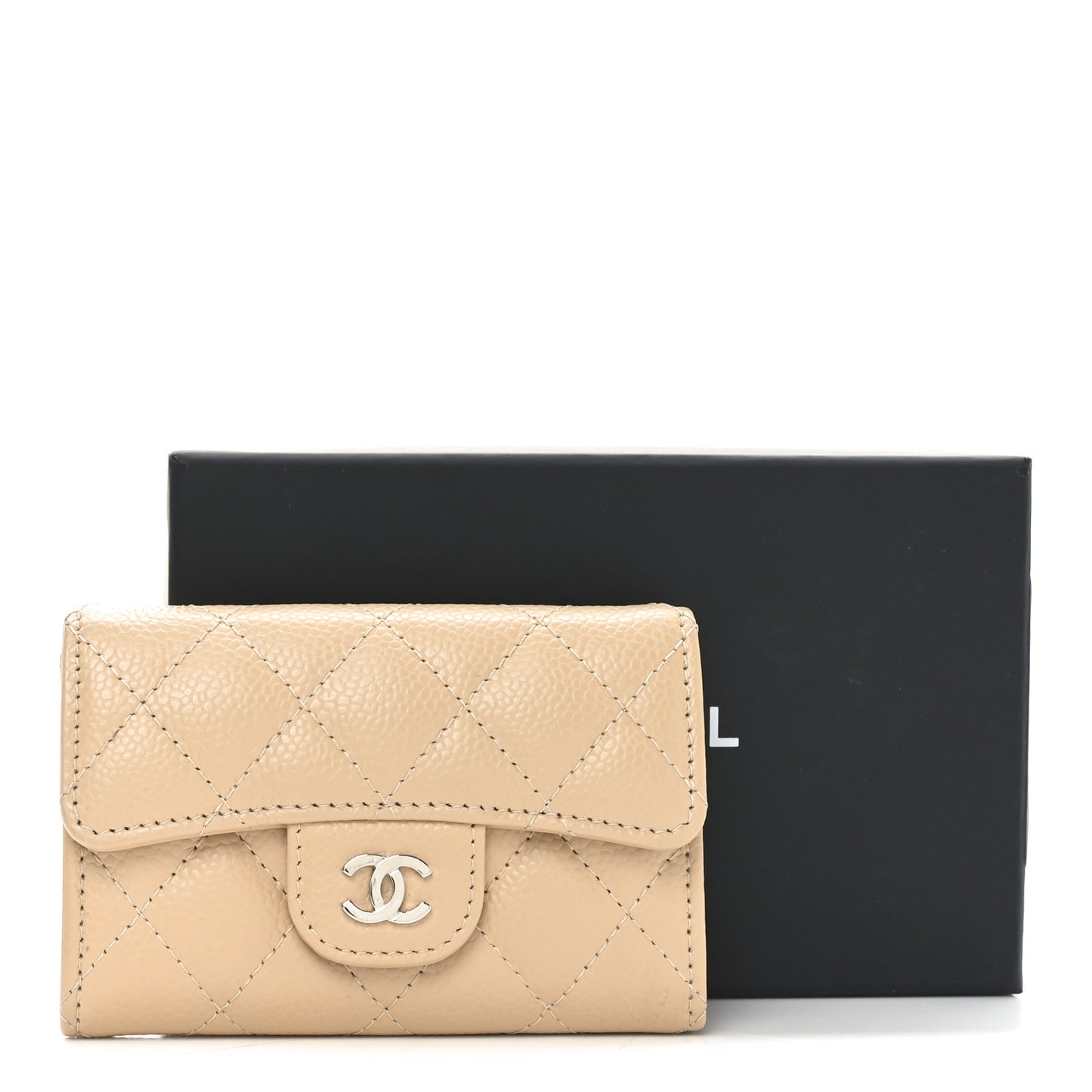 Caviar Quilted Flap Card Holder Wallet Beige