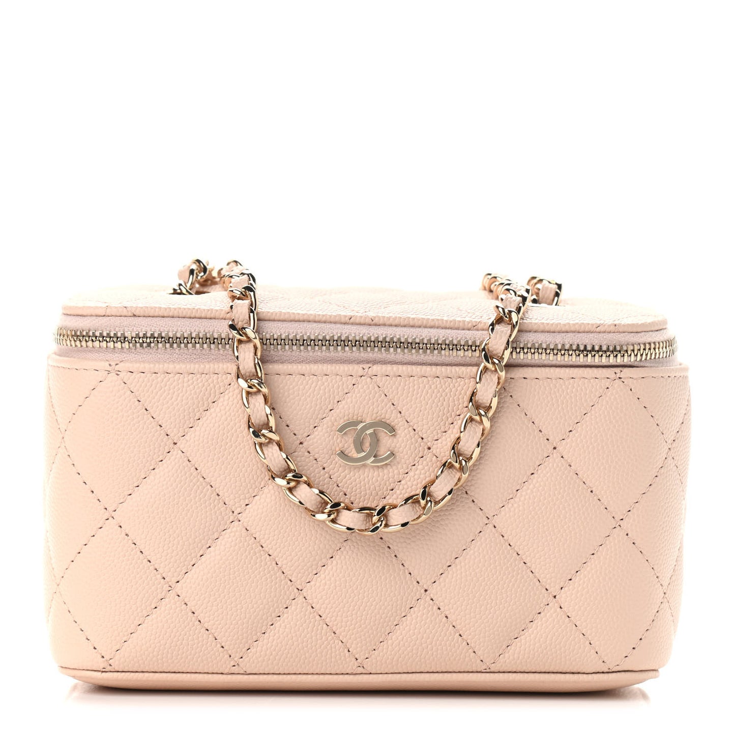 Caviar Quilted Small Vanity Case With Chain Light Beige