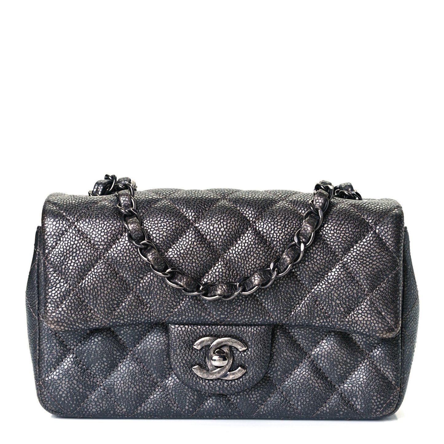 Metallic Caviar Quilted Mini Rectangular Flap Dark Silver