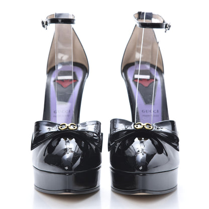 Gucci Patent Crystal GG Bow Sadie Spike Ankle Strap d'Orsay Platform High Heel Pumps 38.5 Black 2 of 9