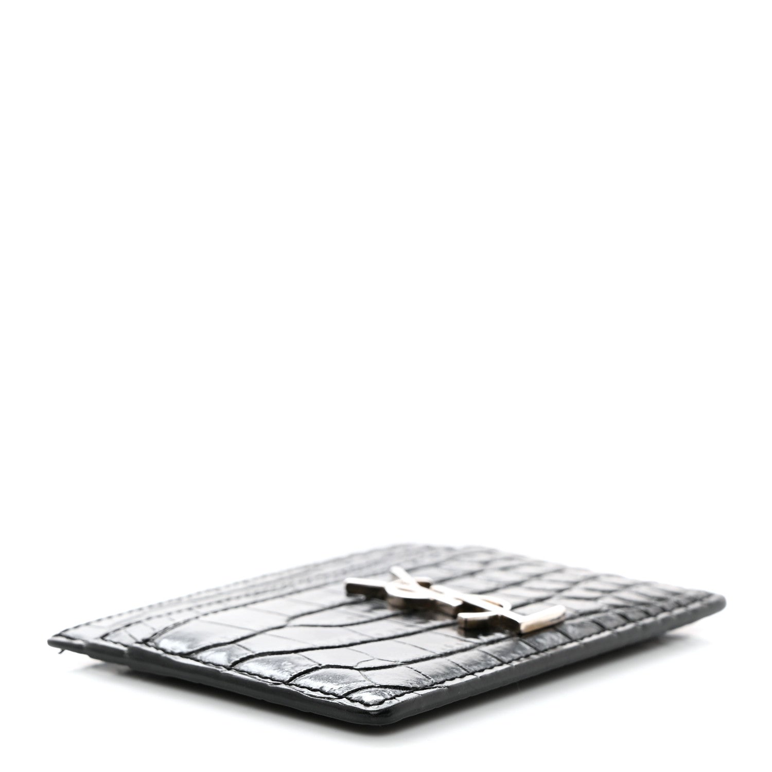 Saint Laurent Calfskin Crocodile Embossed Monogram Credit Card Case Black 4 of 7