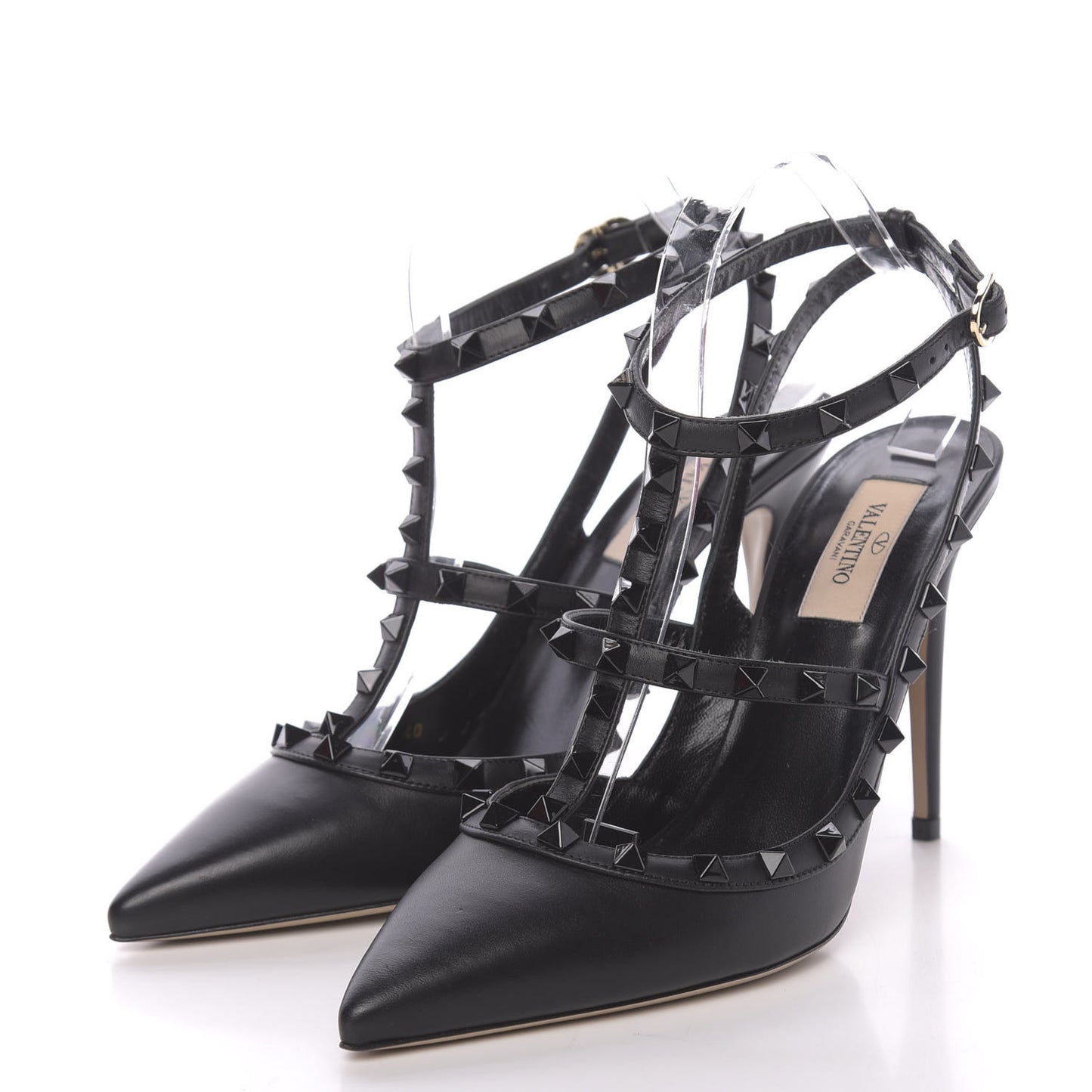 Calfskin Lacquered Monochrome Rockstud Ankle Strap 100mm Pumps 40 Black