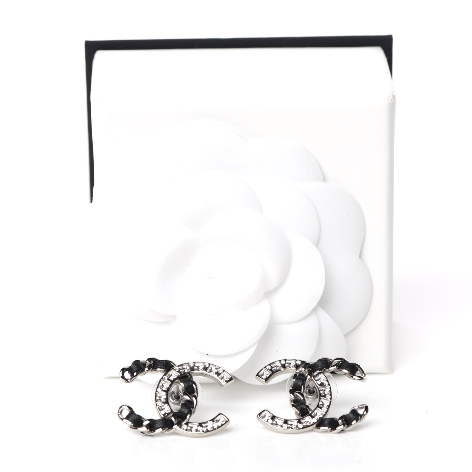 Chanel Crystal Baguette Lambskin Large CC Earrings Silver Black 5 of 5
