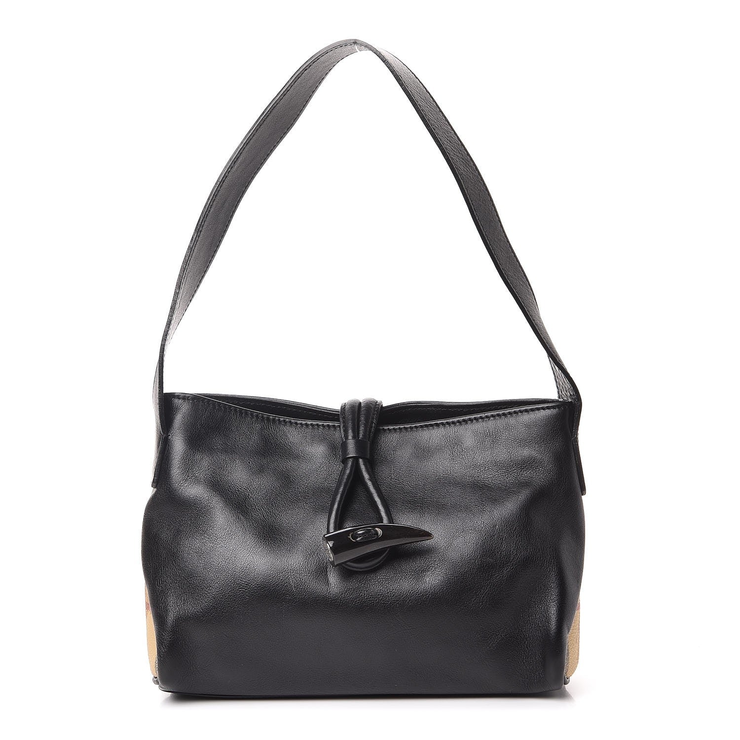 Burberry Smooth Calfskin Haymarket Check Horn Shoulder Bag Black 1 of 8