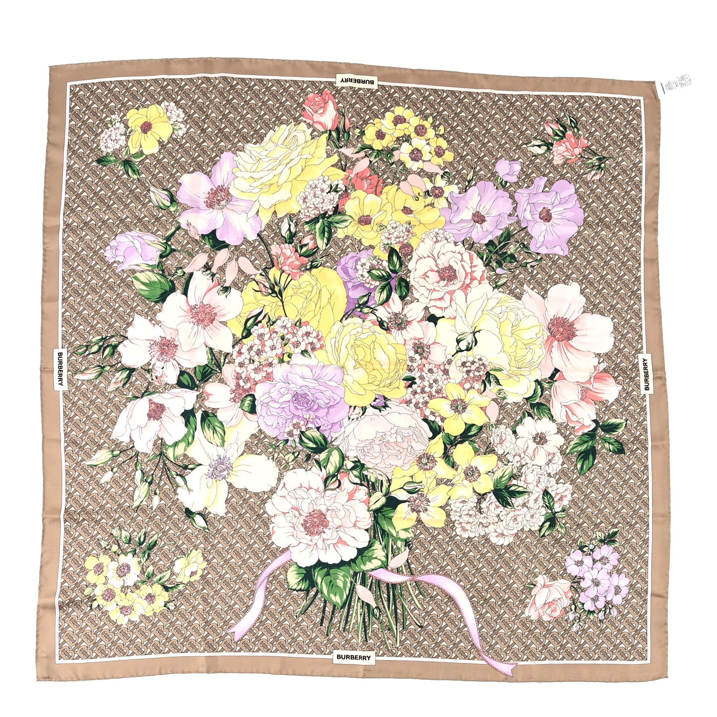 Silk TB Monogram Floral Print Square Scarf Pink Beige