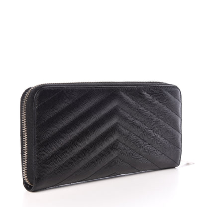 Saint Laurent Grain De Poudre Matelasse Chevron Monogram Zip Around Wallet Black 3 of 7