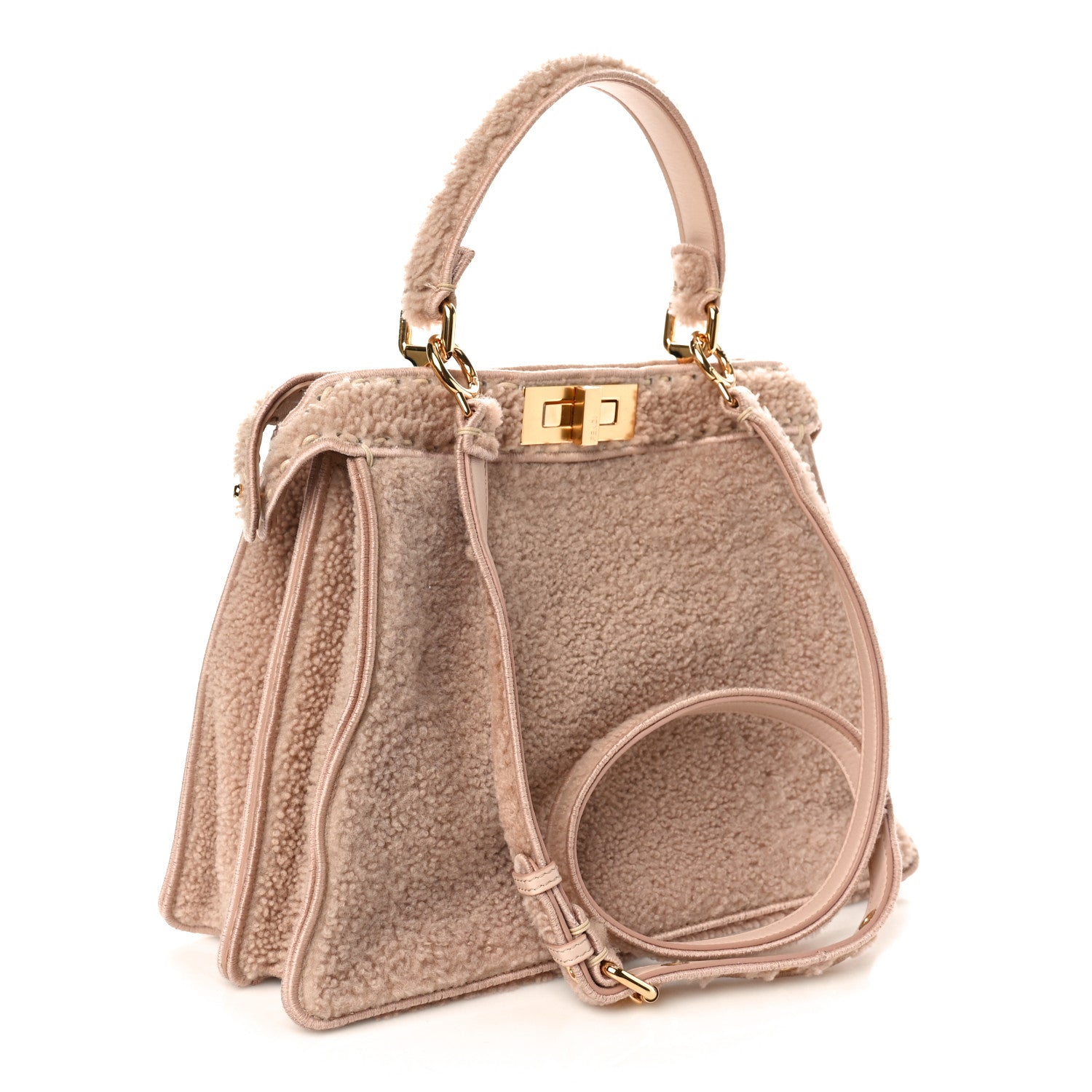 Fendi Curly Shearling Shiny Nappa Medium Peekaboo I SEE U Satchel Rosa Plaster 4 of 8