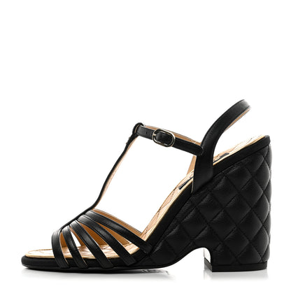 Chanel Grained Calfskin Quilted Wedge Sandals 37.5 Black 1 of 9