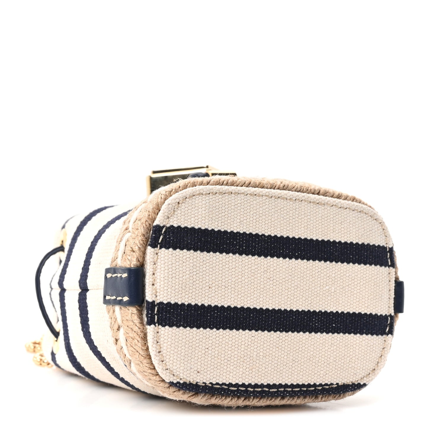 Canvas Stripe Metal Triangle Logo Mini Drawcord Pouch Shoulder Bag Avorio Blue
