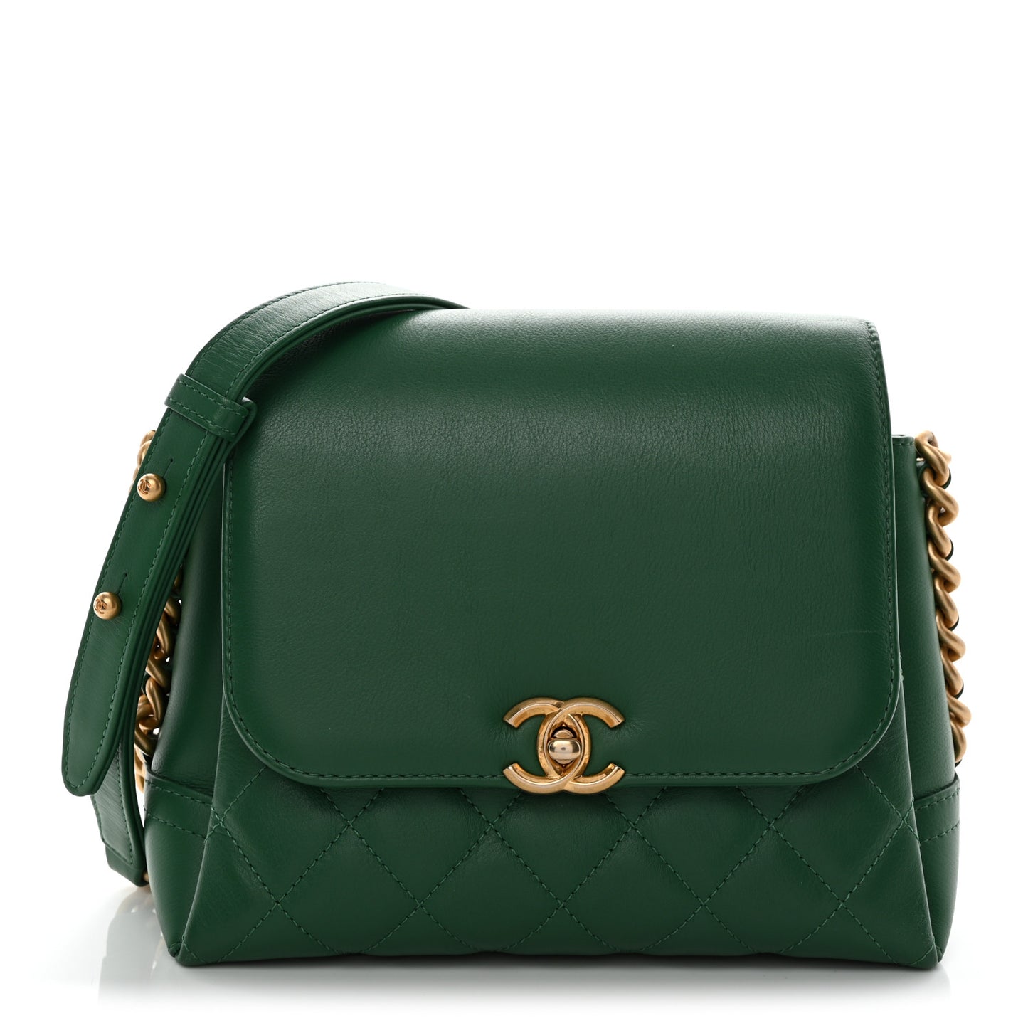 Calfskin Quilted Chain Flap Green