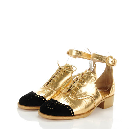 Chanel Metallic Calfskin Suede CC Brogue Lace Up Ankle Strap Oxford Sandals 36 Gold Black 3 of 8