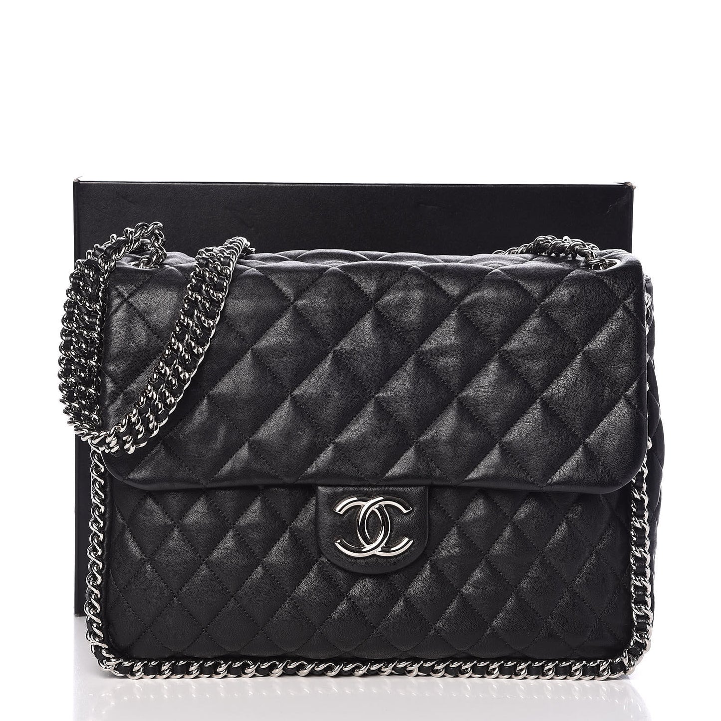 Washed Lambskin Quilted Maxi Chain Around Flap Black
