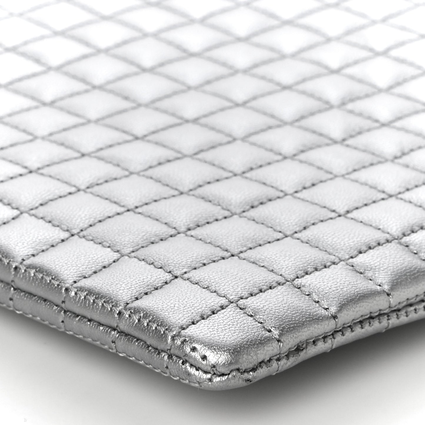 Laminated Calfskin Quilted C Charm Pouch Silver