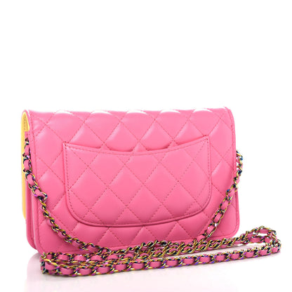 Chanel Lambskin Quilted Wallet On Chain WOC Pink Yellow 3 of 11
