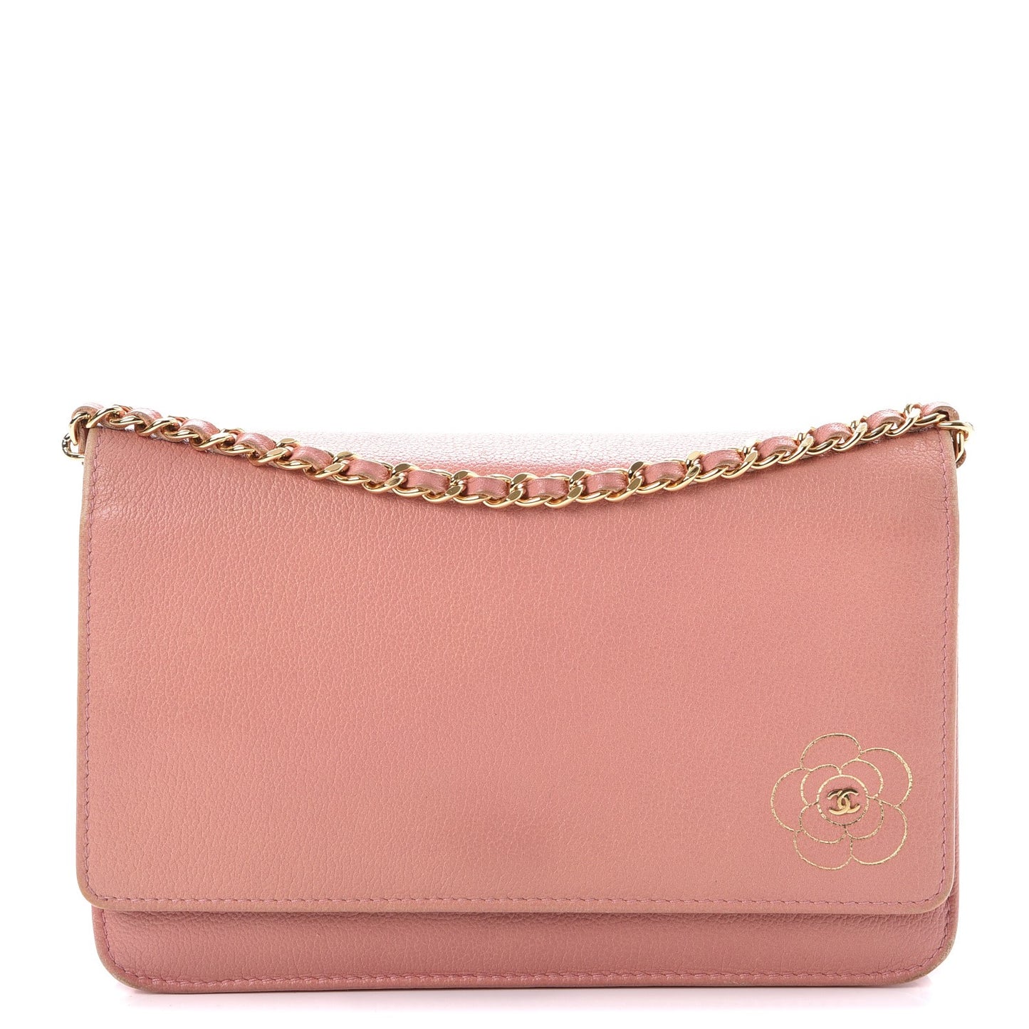 Goatskin Embossed Camellia Wallet On Chain WOC Light Pink