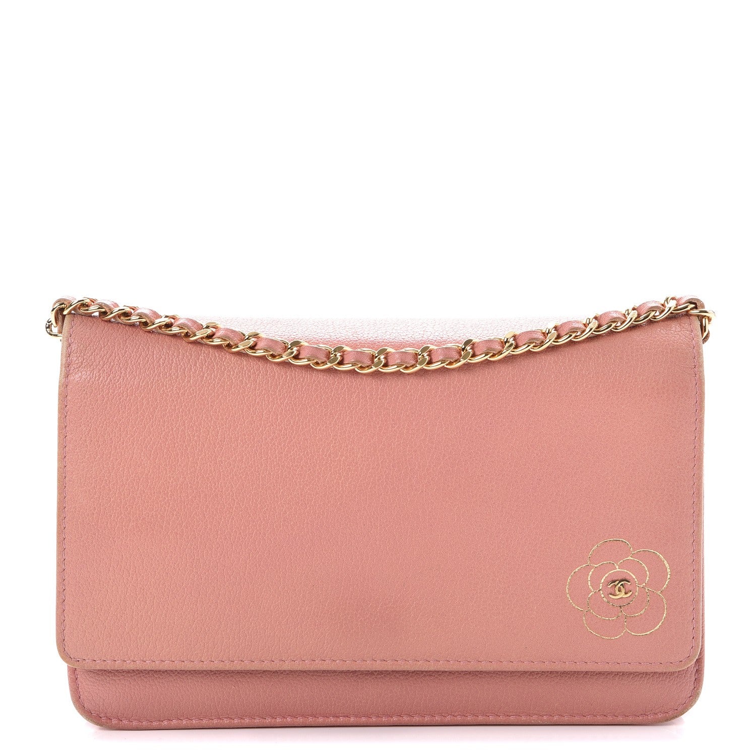 Chanel Goatskin Embossed Camellia Wallet On Chain WOC Light Pink 1 of 12