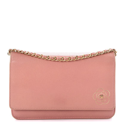 Chanel Goatskin Embossed Camellia Wallet On Chain WOC Light Pink 1 of 12