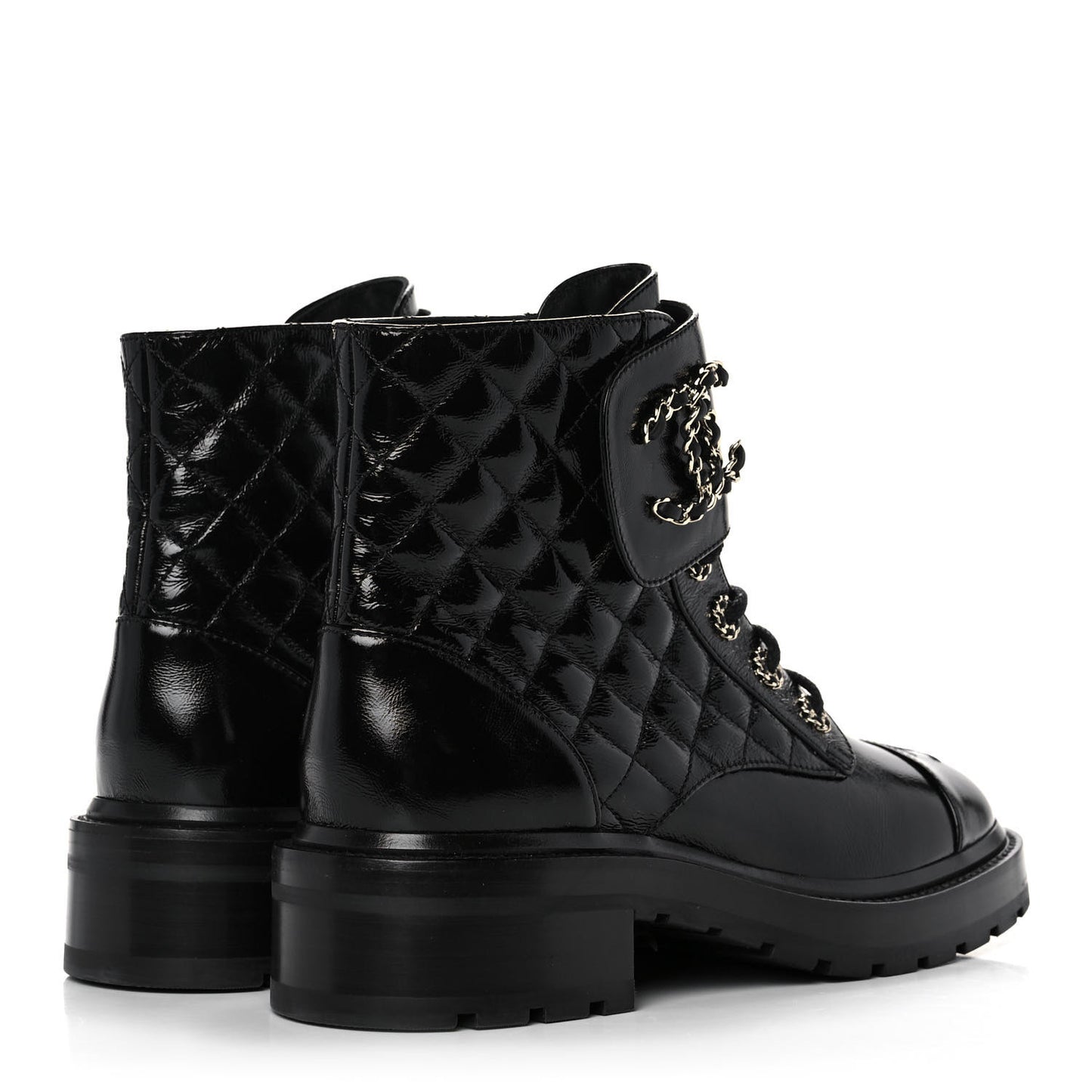 Shiny Calfskin Quilted Lace Up Combat Boots 39.5 Black
