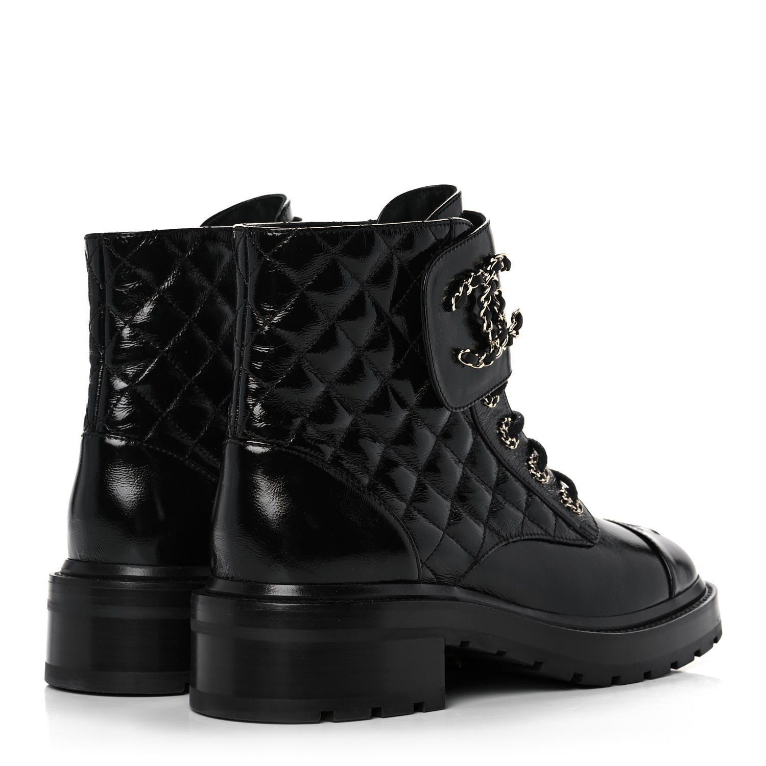 Chanel Shiny Calfskin Quilted Lace Up Combat Boots 39.5 Black 4 of 9
