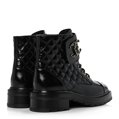 Chanel Shiny Calfskin Quilted Lace Up Combat Boots 39.5 Black 4 of 9