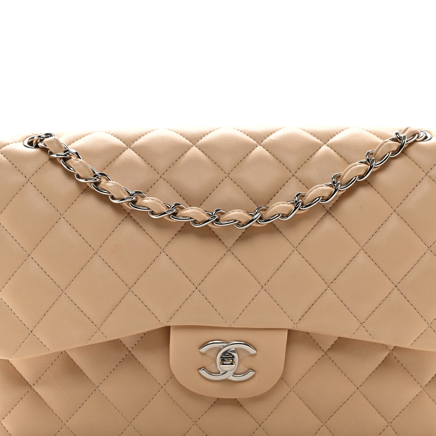 Lambskin Quilted Jumbo Double Flap Beige