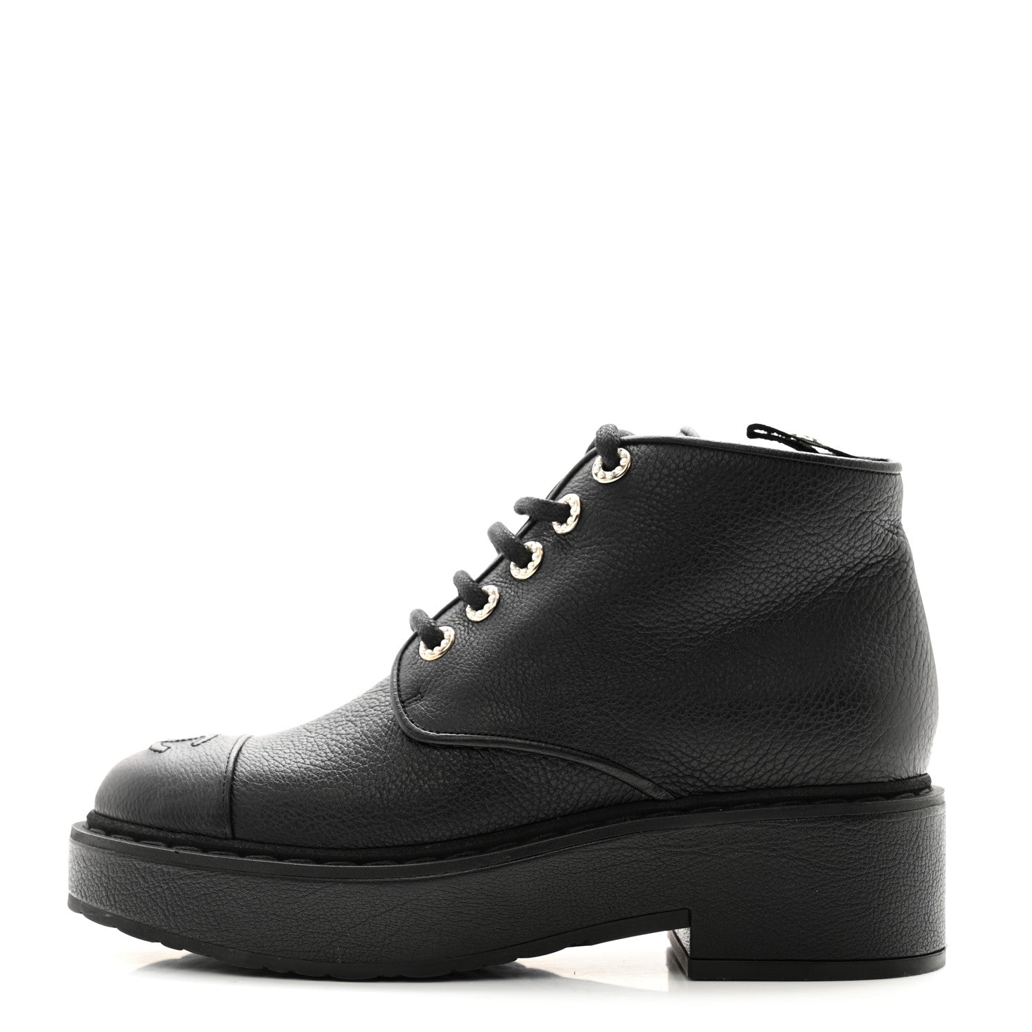 Chanel Buffalo Pearl Lace Up CC Combat Short Boots 38 Black 1 of 10
