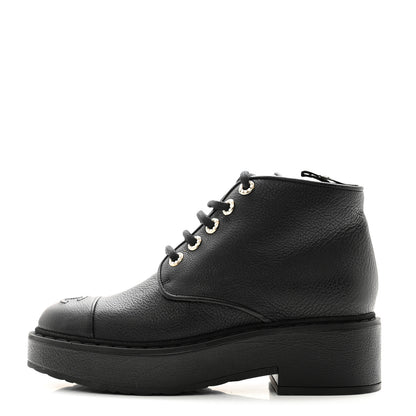 Chanel Buffalo Pearl Lace Up CC Combat Short Boots 38 Black 1 of 10