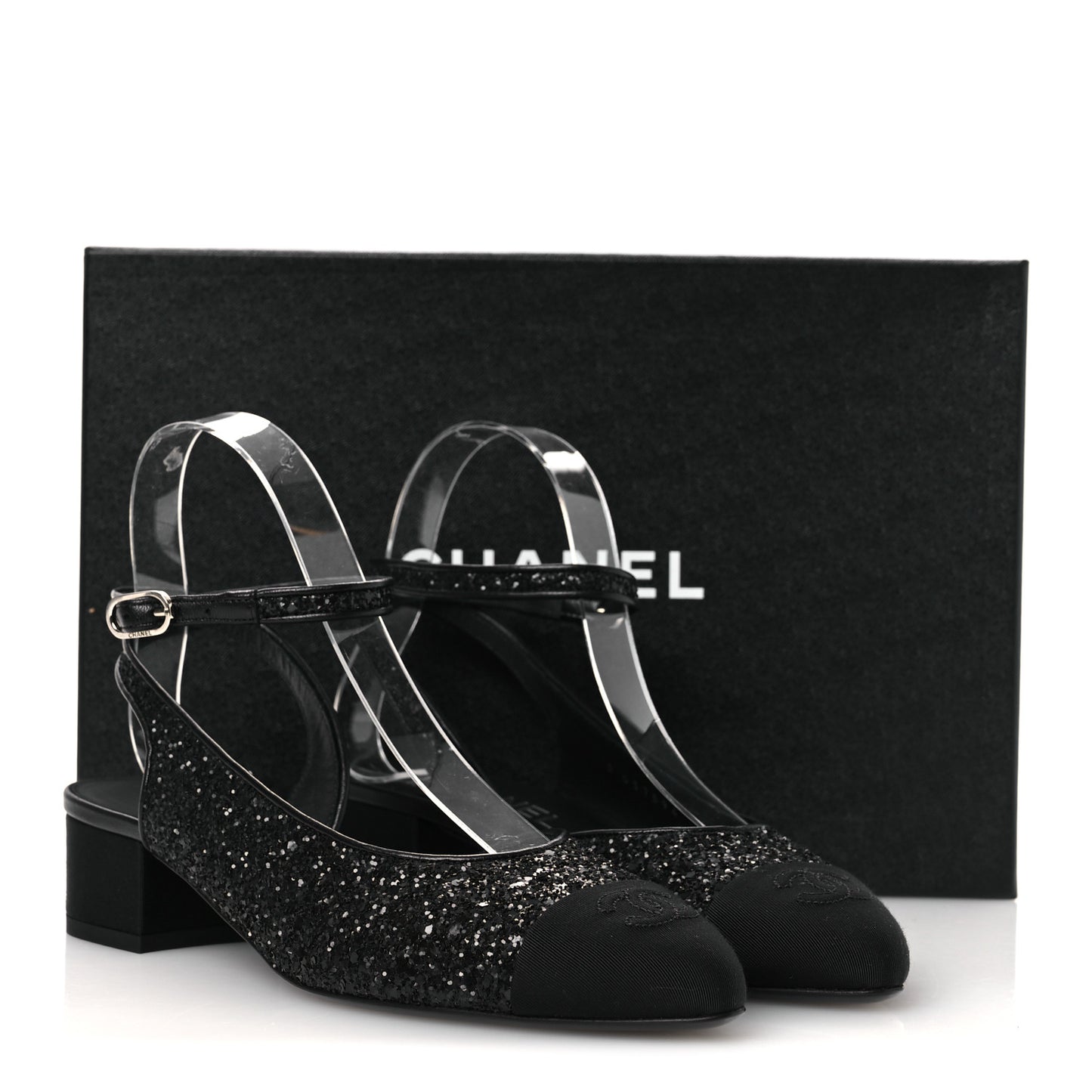 Glitter Grosgrain Cap Toe CC Ankle Wrap Pumps 38 Black