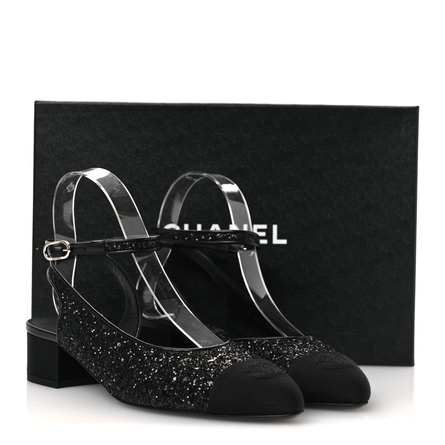 Chanel Glitter Grosgrain Cap Toe CC Ankle Wrap Pumps 38 Black 11 of 11
