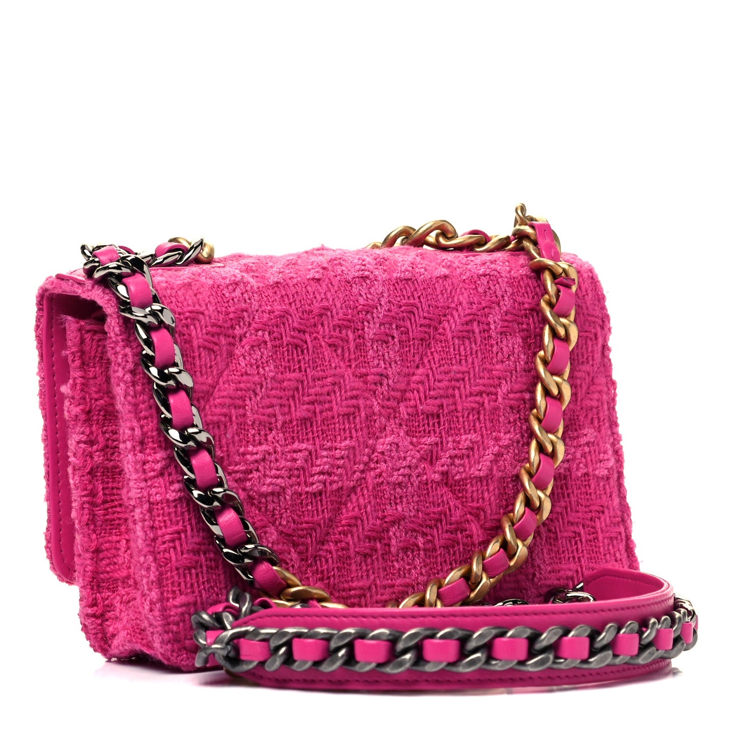 Wool Tweed Lambskin Quilted Chanel 19 Wallet On Chain WOC Fuchsia