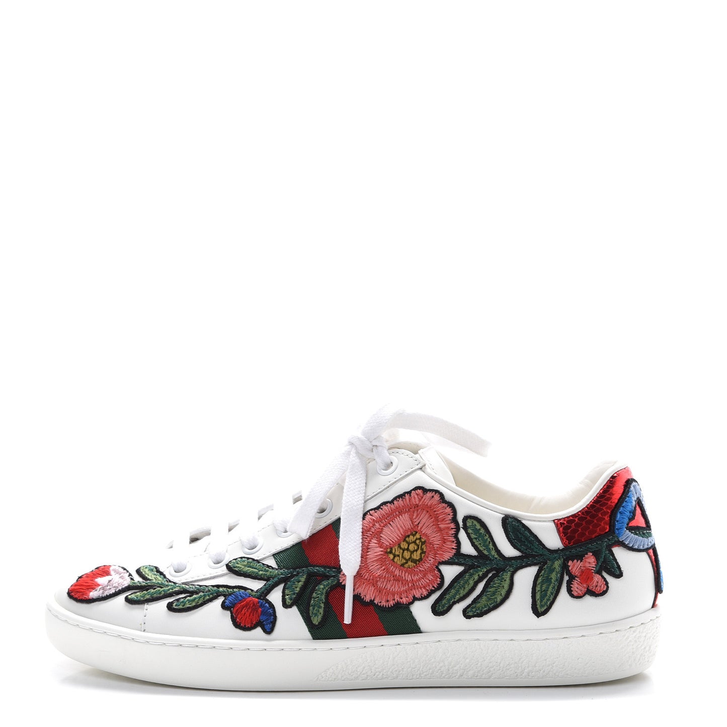 Calfskin Web Floral Embroidered Womens Ace Sneakers 35.5 White