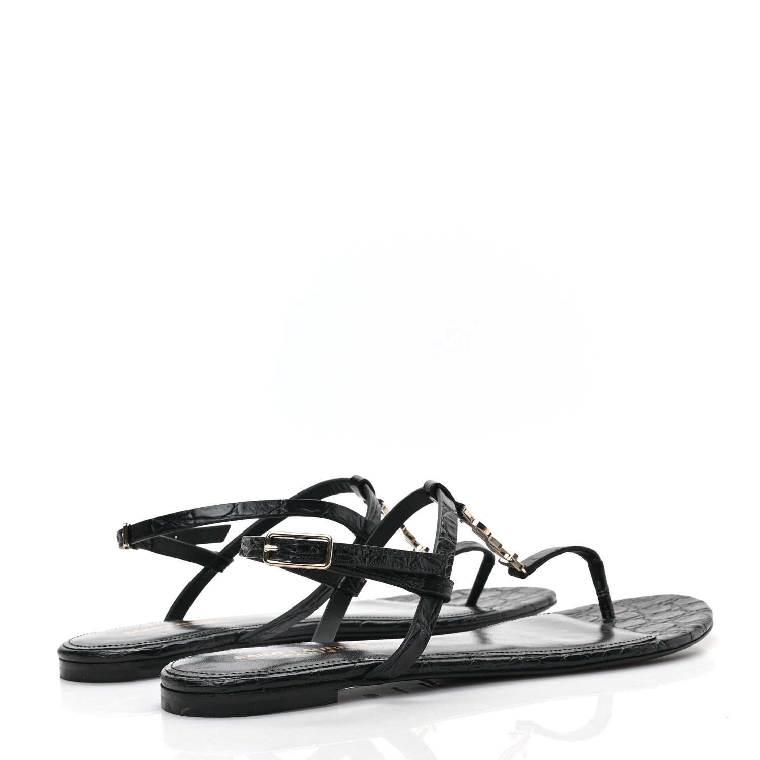 Saint Laurent Calfskin Crocodile Embossed Cassandra Monogram Sandals 40.5 Black 4 of 8