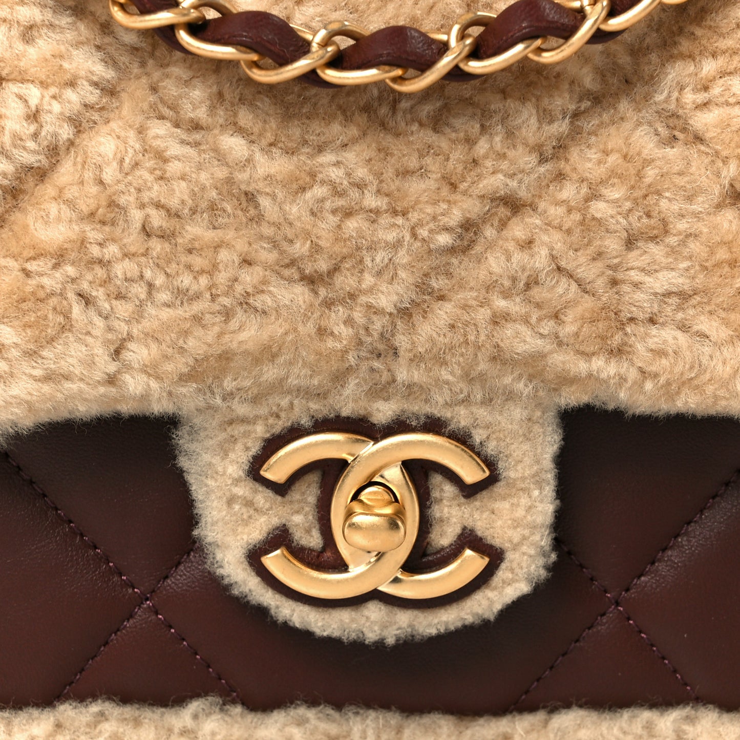 Shearling Lambskin Quilted Furry Coco Flap Dark Brown Beige