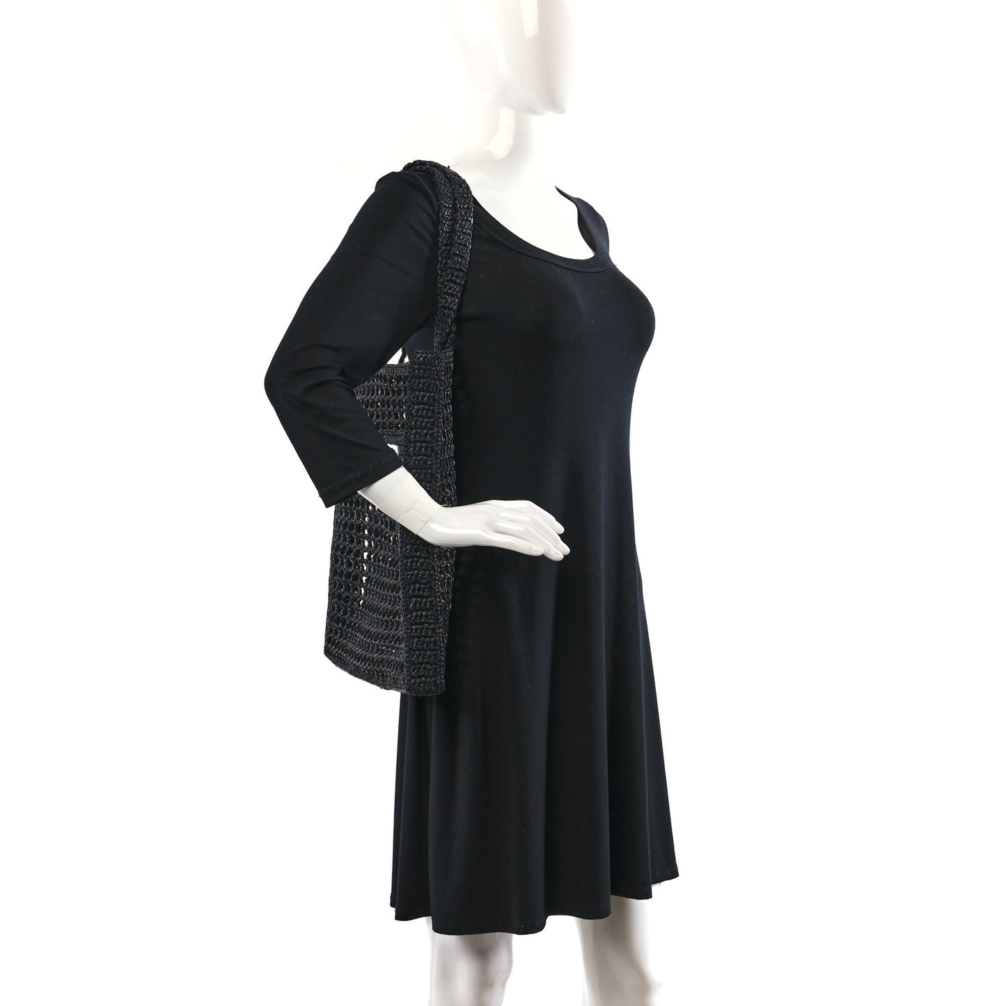 Yarn Raffia Effect Crochet Logo Embroidered Tote Bag Black