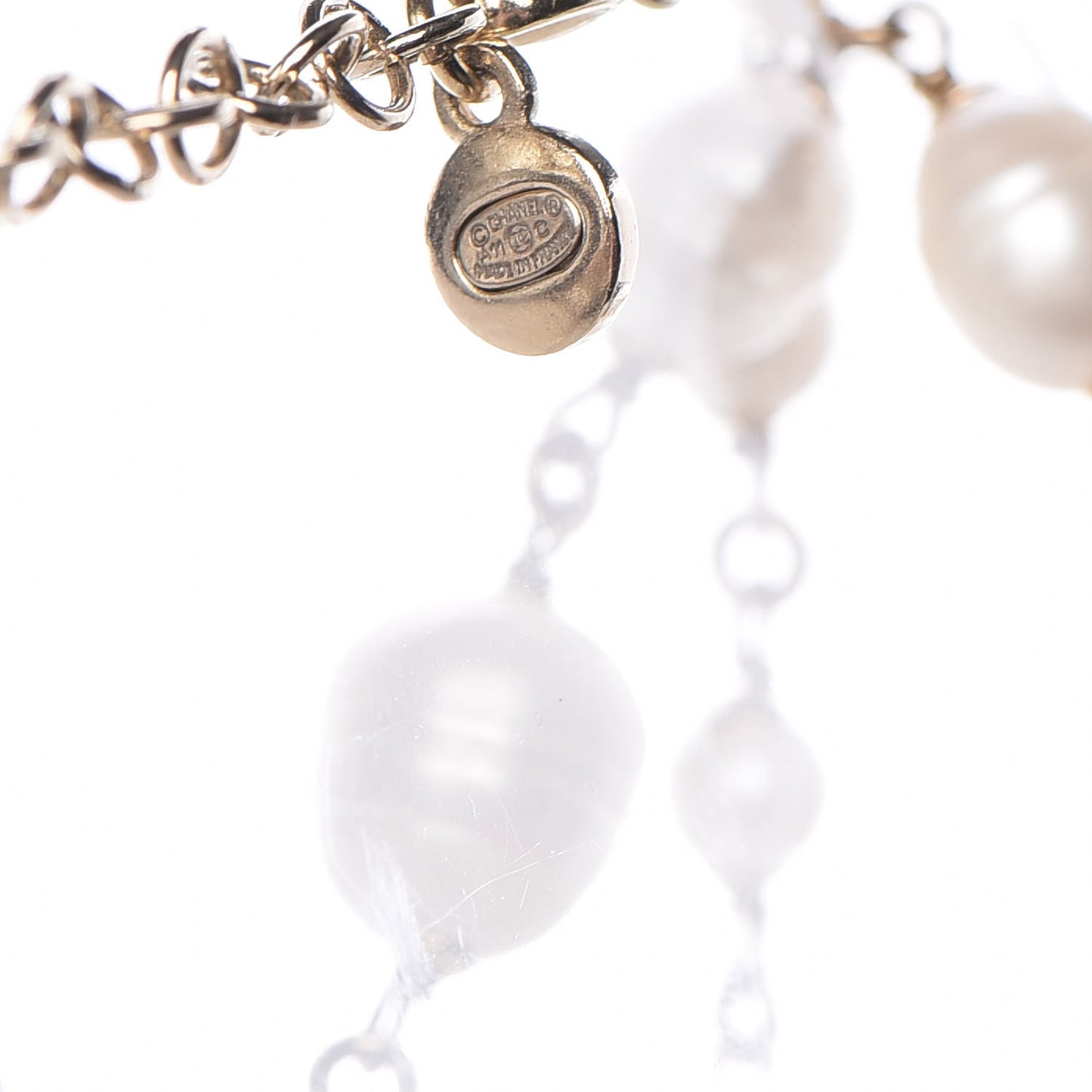 Crystal Pearl CC Long Necklace Gold