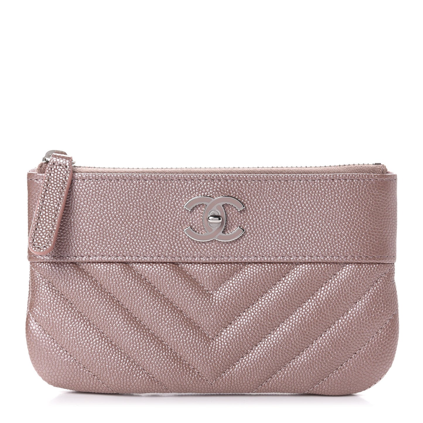 Metallic Caviar Chevron Quilted Small Vintage Mademoiselle Cosmetic Case Pink