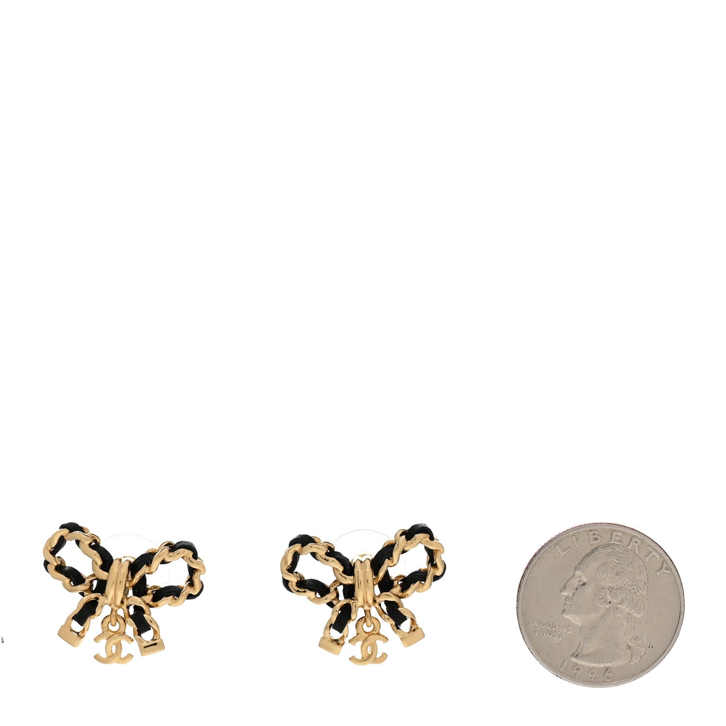 Lambskin Chain Bow Stud Earrings Black Gold