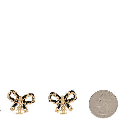 Chanel Lambskin Chain Bow Stud Earrings Black Gold 2 of 5
