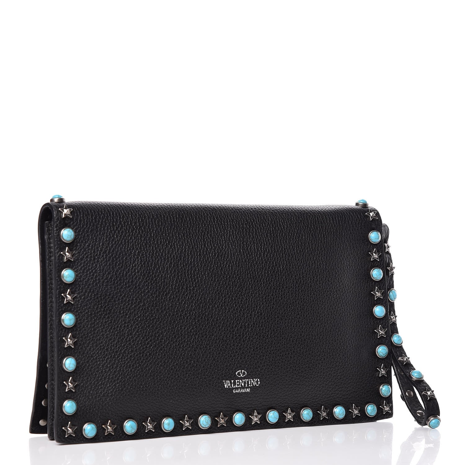 Valentino Garavani Pebbled Calfskin Star Rockstud Rolling Wristlet Clutch Black 3 of 9