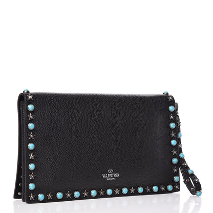 Valentino Garavani Pebbled Calfskin Star Rockstud Rolling Wristlet Clutch Black 3 of 9