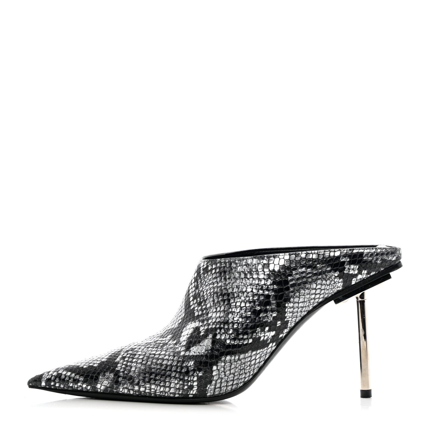 Kidskin Snake Effect Knife Pointy Toe Mule Pumps 37.5 Silver