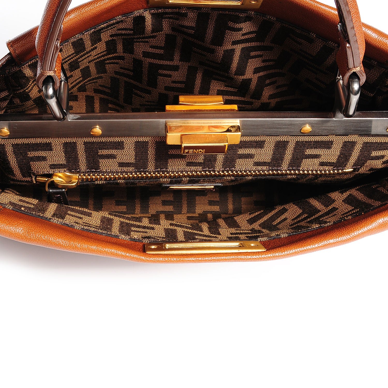 Fendi Goatskin Zucca Medium Peekaboo Iconic Satchel Cuoio Tobacco Moro 9 of 9