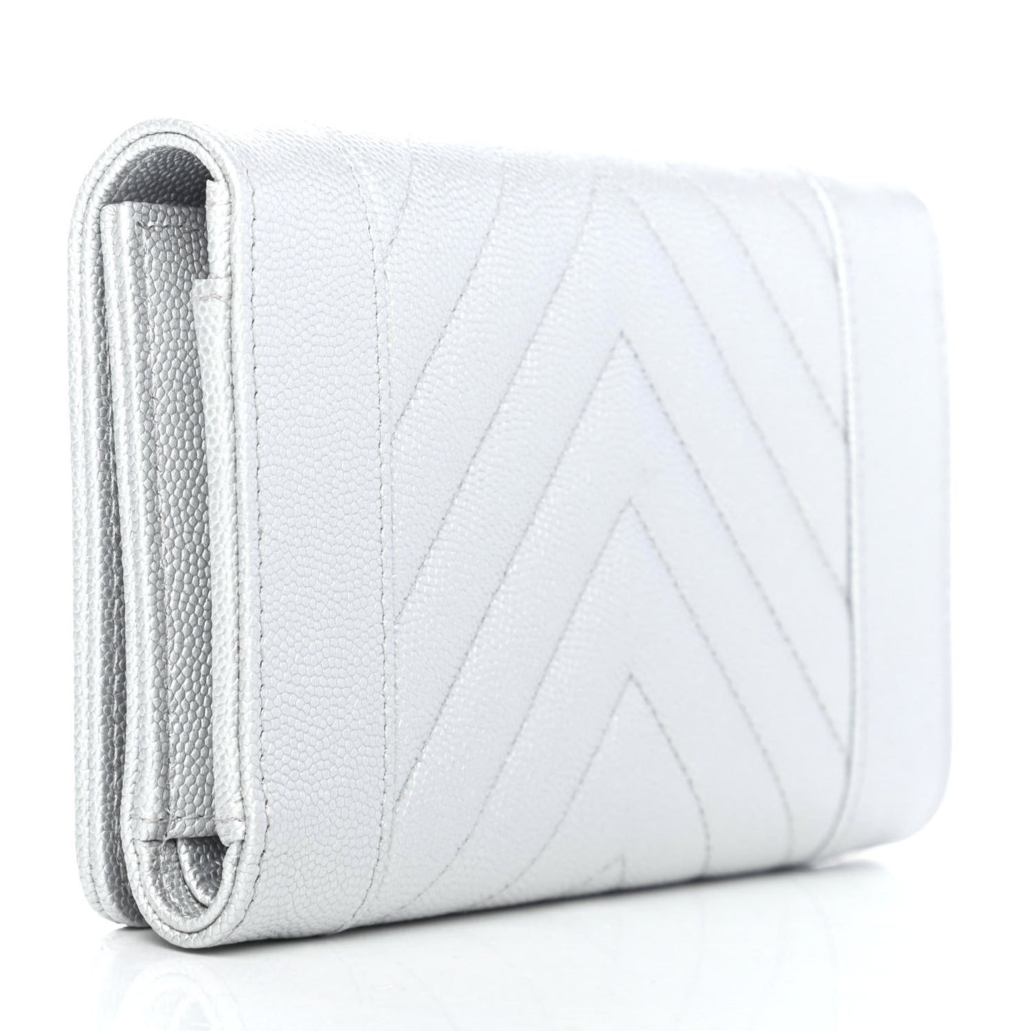 Metallic Caviar Chevron Quilted Mademoiselle Vintage Flap Wallet Silver