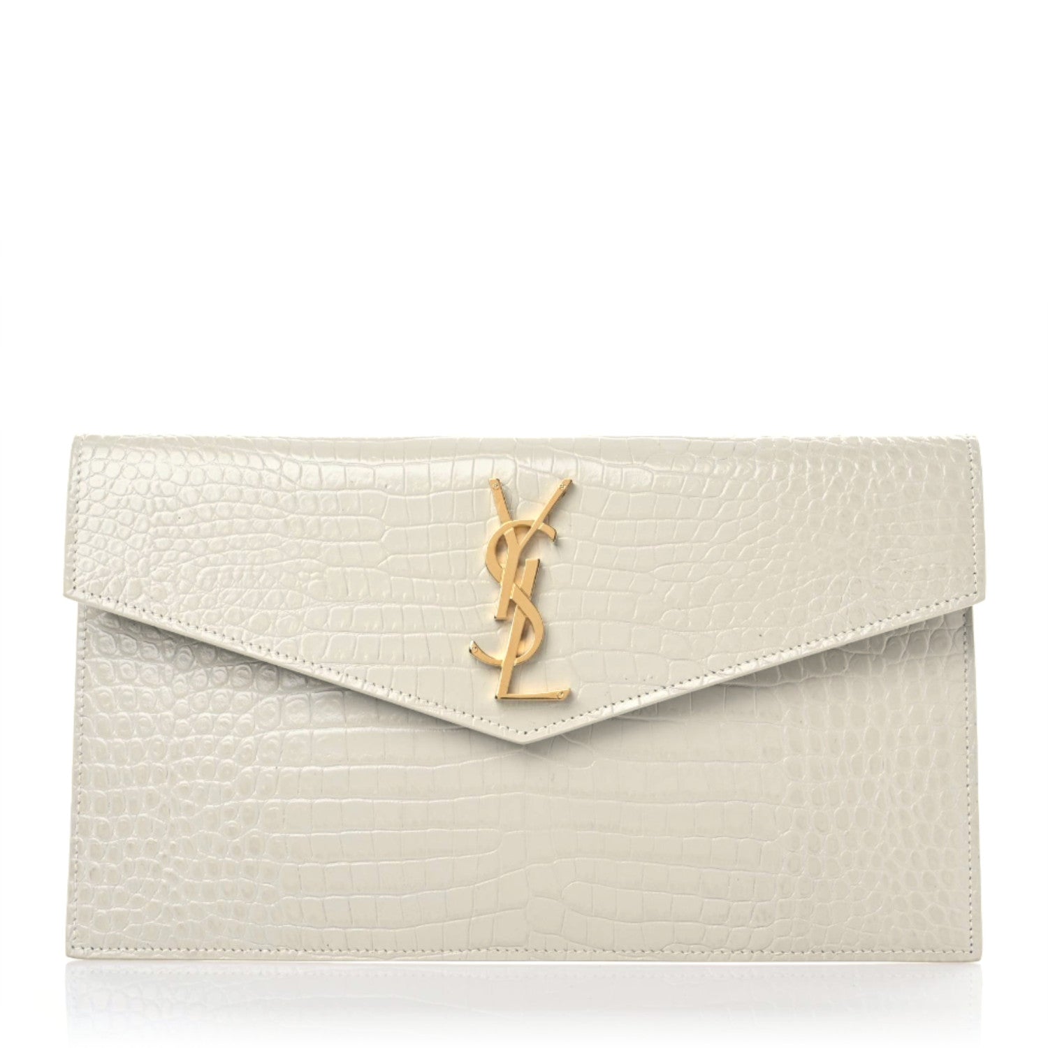 Saint Laurent Calfskin Crocodile Embossed Uptown Monogram Pouch Crema Soft 1 of 9