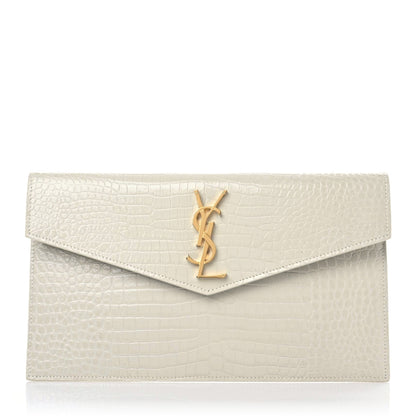 Saint Laurent Calfskin Crocodile Embossed Uptown Monogram Pouch Crema Soft 1 of 9