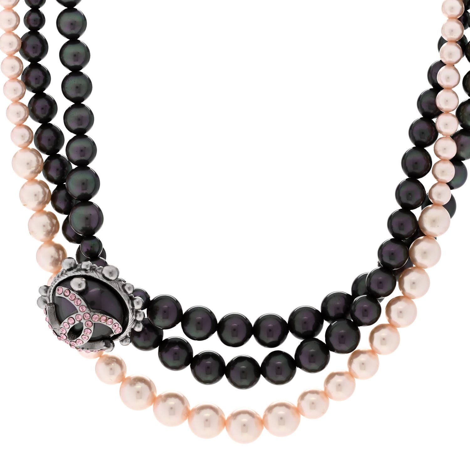 Chanel Pearl Crystal Multi Strand Short Necklace Silver Pink 1 of 7
