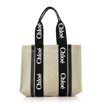 Chloe Cotton Calfskin Small Woody Ribbon Tote With Strap Black Blue 1 of 13